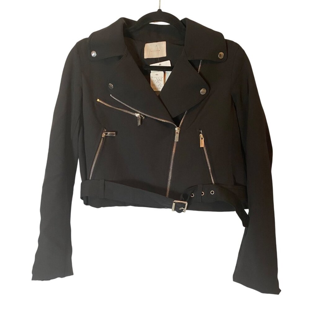 NWT All:Row Black Cropped Moto Jacket With Zipper Details & Belt Small